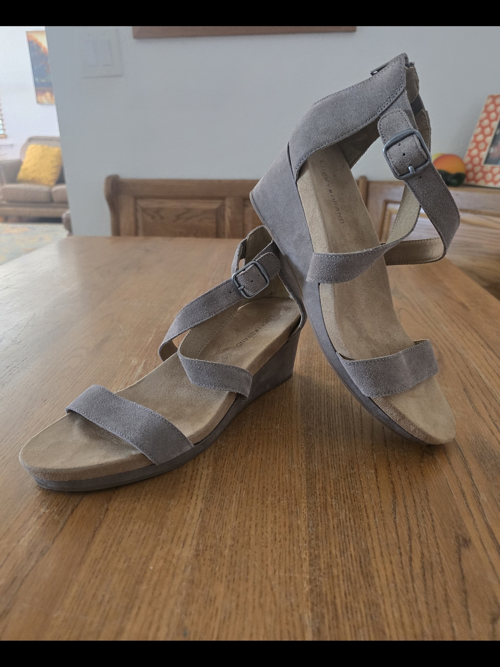 Lucky Brand Taupe Suede Cross Ankle Strap Wedge Sandals-Size 10